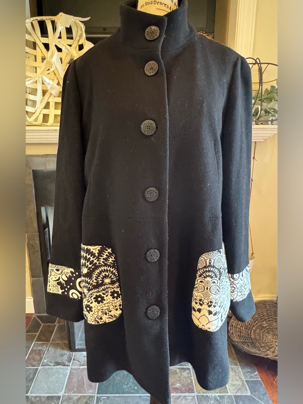 Desigual Black Wool Blend Coat Jacquard Patchwork Pockets 46 XL Boho Trench Art